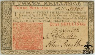 1776 United States 3 Shillings Colonial Currency Jersey Note 32168