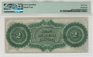 1866 $2 State Of South Carolina Columbia Obsolete Note Cut Cancelled PMG UNC 63 2