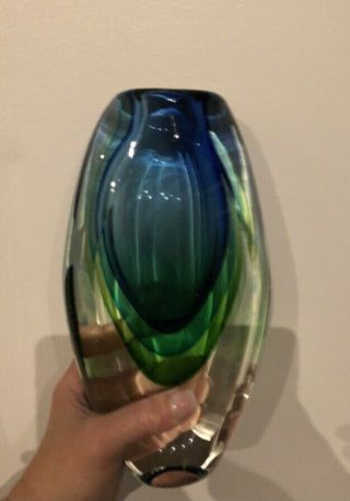 Mid - Century Murano Sommerso Faceted Glass Vase Green/blue,  Op Art,  Modern,  Heavy