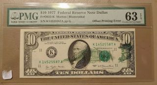 1977 $10 Federal Reserve Note - Dallas,  - Offset Printing Of Back To Front