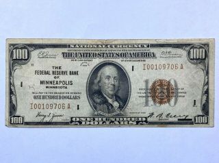 1929 Federal Reserve Bank Of Minneapolis,  $100 Bill.