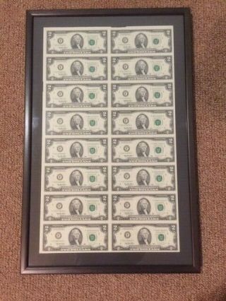 Professionally Framed Uncut Sheet $2 Dollar Bills (16) 1995 Uncirculated