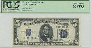 1934d $5 Silver Cert Fr 1654 Pcgs 67 Gem Narrow