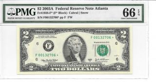 2003a Atlanta Star Note $2 Frn (f Block) Pmg 66 Epq Gem Uncirculated