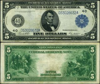 Fr.  859 A $5 1914 Federal Reserve Note Cleveland Vf,
