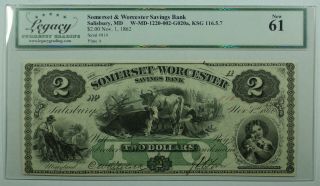 1862 Somerset Worcester Savings Bank Salisbury Md $2 Dollar Note Legacy 61
