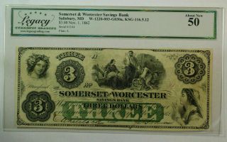 Nov 1 1862 $3 Somerset Worcester Bank Salisbury Maryland Legacy Au - 50