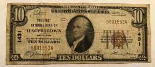 1929 Fine $10 National Currency 1431 First Nat Bank Of Hagerstown Md.  B001553a