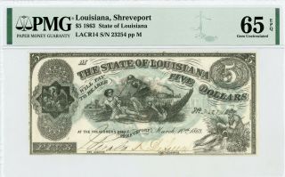 1863 Cr.  14 $5 State Of Louisiana " South Strikes Down Union " Note - Pmg Gem 65 Epq