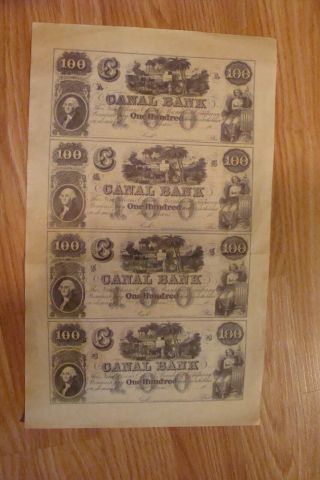 Obsolete Currency 4x100 Dollars Canal Bank Uncut Sheet