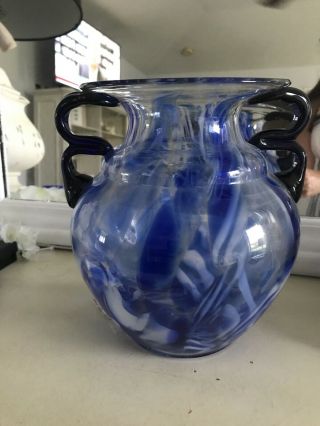 Murano Art Glass Vase Blue With Handles 8.  75 H And 8.  75 Wide