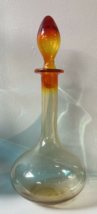 Blenko Mcm Art Glass Tangerine 13 Inch Decanter Genie Bottle With Flame Stopper