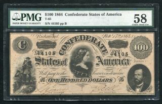 T - 65 1864 $100 One Hundred Dollars Csa Confederate States Of America Pmg Au - 58