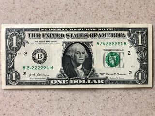 Trinary Solid Quint In $1 Dollar Bill - Six Of A Kind " 2 " In Serial B 2422222x B