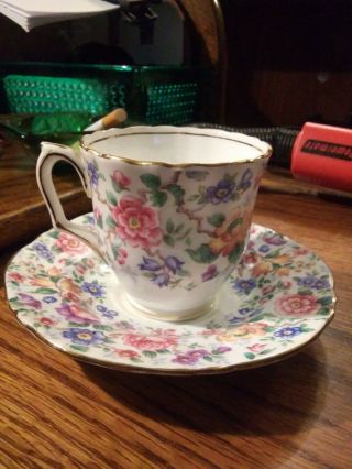 Crown Staffordshire Chintz Floral Fine Bone China England Tea Cup & Saucer Vtg