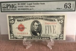 1928f Wide I $5 Legal Tender Note Pmg 63 Epq Choice Unc Five Dollars Red Seal