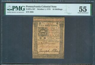 Pennsylvania 1773 Colonial 10 Shilling Note,  Pmg About Unc.  55