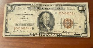 1929 Dallas 100 Dollar Bill Low Serial Number K00030205a