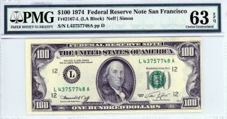 $100 1974 Federal Reserve Note San Francisco Fr 2167 - L (la Block) Pmg 63 Epq