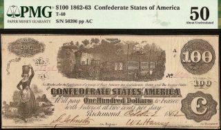 1862 $100 Dollar Bill Confederate States Currency Civil War Note T - 40 Pmg 50