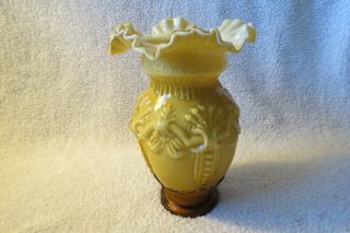 Fenton Large Victorian Style Clear Cased Yellow/brown Vase Ruffled Rim (u)