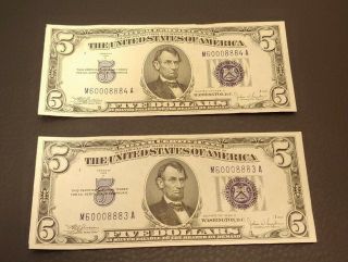 1934 Blue Seal Five Dollar Bills,  Consecutive Serial Numbers