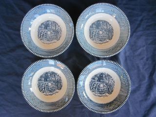 Set Of 4 Blue & White Currier And Ives Royal China 5 1/2 " Fruit Dessert Bowls
