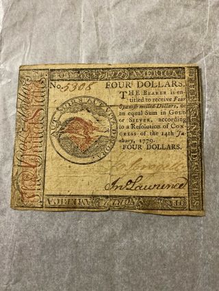 1779 Continental Cyrrency 4 Dollar Note