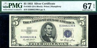 Hgr Sunday 1953 $5 Silver Certificate ( (only 3 Finer))  Pmg Gem 67epq
