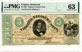 1862 $5 Richmond Virginia Treasury Note Pmg 63