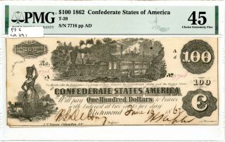 1862 $100 Confederate Currency T - 39 Pmg 45