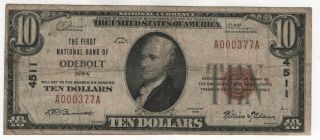 1929 Type 1 $10 First National Bank Note Currency Odebolt Iowa Circulated Fine