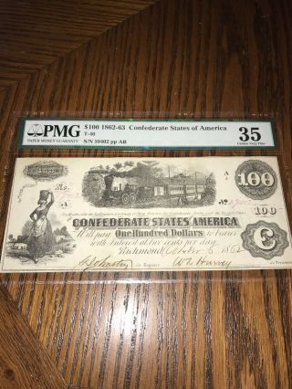 T - 40 Choice Very Fine 1862 $100 Confederate Paper Money - Pmg 35