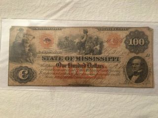 1862 State Of Mississippi 100 Dollar Treasury Note