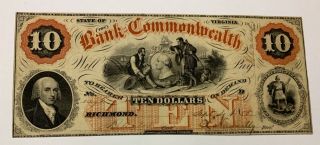 The State Of Virginia Bank Of The Commonwealth Richmond 1858 $10 Note