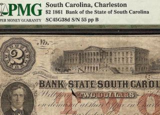 1861 $2 Two Digit 55 South Carolina Bank Note Large Currency Paper Money Pmg 20
