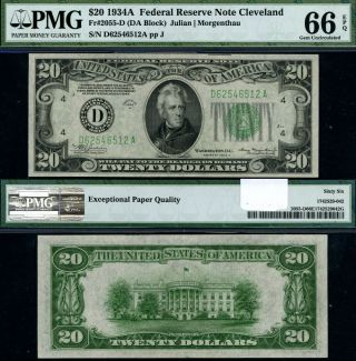 Fr.  2055 D $20 1934 - A Federal Reserve Note Cleveland D - A Block Gem Pmg Cu66 Epq