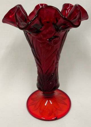 Fenton Daffodil Ruby Red Art Glass Raised Flower Embossed Ruffled 7 1/2 " Vase
