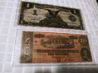 1899 $1 One Dollar Silver Certificate Black Eagle Note 1964 Confederate $10