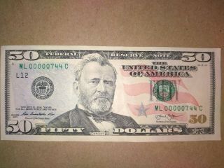 2013 Fifty Dollar Bill Low Serial Number Ml 00000744 C Crisp And
