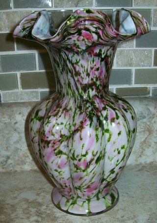 Fenton Glass Vase Murrhina Rose Pink Adventurine Green 7 1/2 " Ruffled Vase