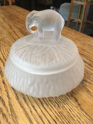 White Frosted Depression Glass Covered Dish/powder Jar With Elephant Lid