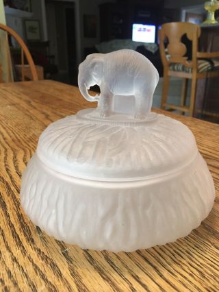 White Frosted Depression Glass Covered Dish/Powder Jar with Elephant Lid 2