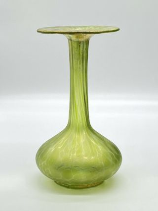 Art Nouveau Loetz Style Iridescent Green Glass Bud Vase 7.  5”