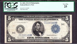 Us 1914 $5 Frn Philadelphia District Type Iii Fr 855c Pcgs 25 Vf (468)