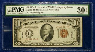 1934 - A $10 Hawaii Federal Reserve Certificate Currency Banknote Pmg Vf30 Epq