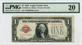 1928 Fr.  1500 $1 United States Legal Tender Note - Pmg Very Fine 20