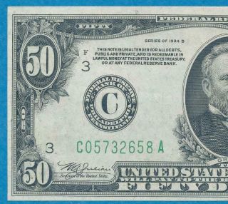 $50.  1934 - B Philadelphia Green Seal Federal Reserve Note Choice Au