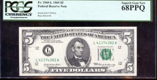1969 $5 Federal Reserve Note San Francisco Pcgs Gem 68ppq L41374382a