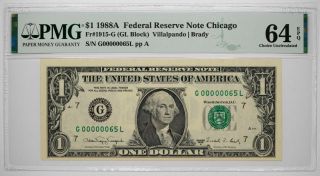 1988 A $1 Federal Reserve Note Chicago Fr 1915 - G Pmg 64 Epq Low Serial 65